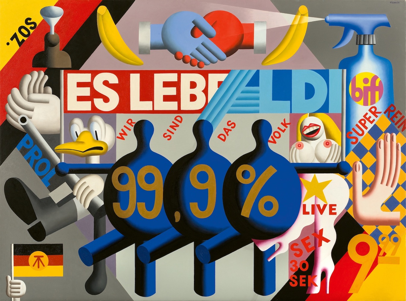 Hans Ticha: Es wächst zusammen, 1991, Öl auf Leinwand, 151 x 204 cm, Museum Utopie und Alltag (Bestand Beeskow), © Hans Ticha, VG Bild-Kunst, Bonn 2025