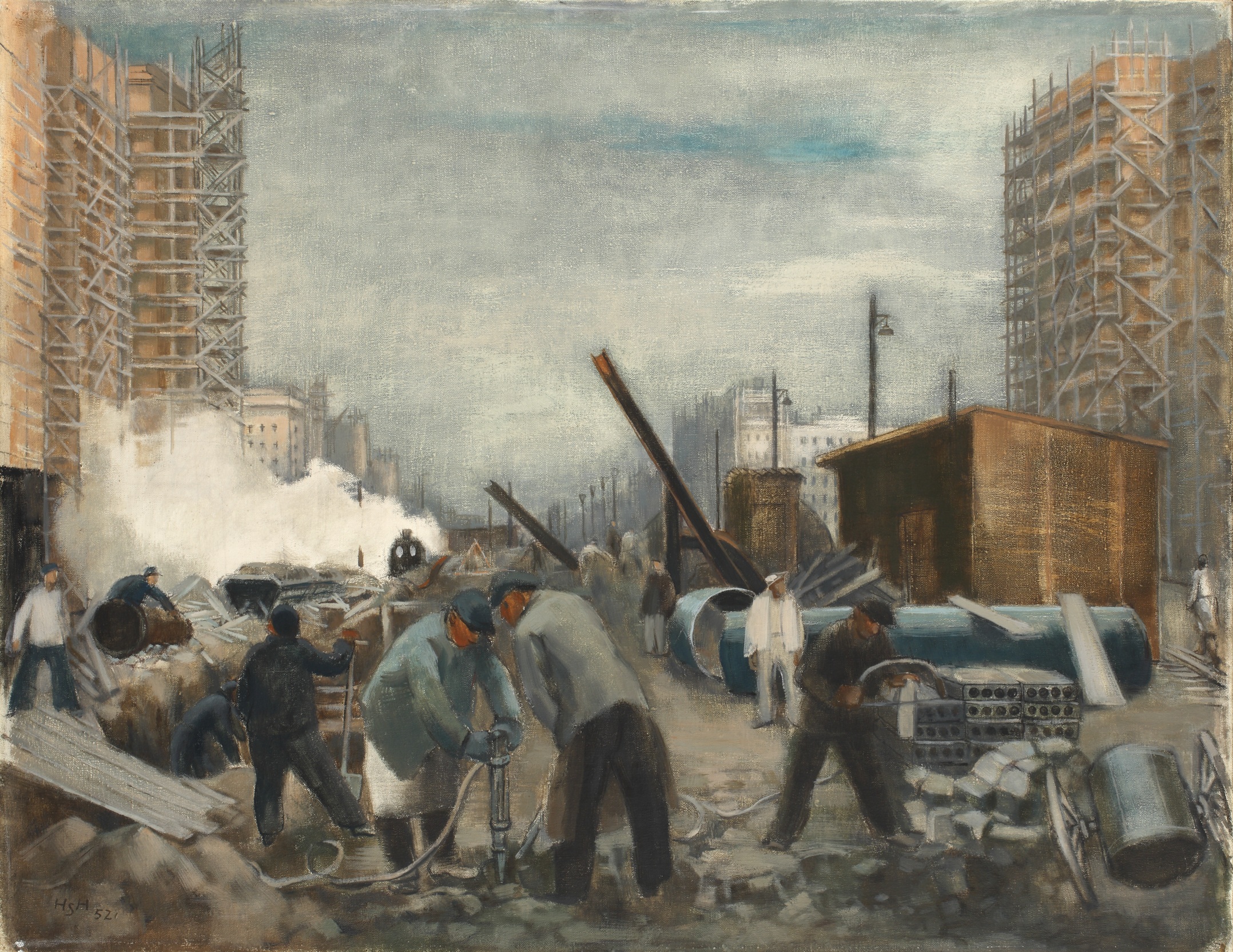 Hedwig Holtz-Sommer_Aufbau der Stalinallee, 1952_Öl auf Leinwand_Staatliche Schlösser, Gärten und Kunstsammlungen Mecklenburg-Vorpommern, Gemäldesammlung