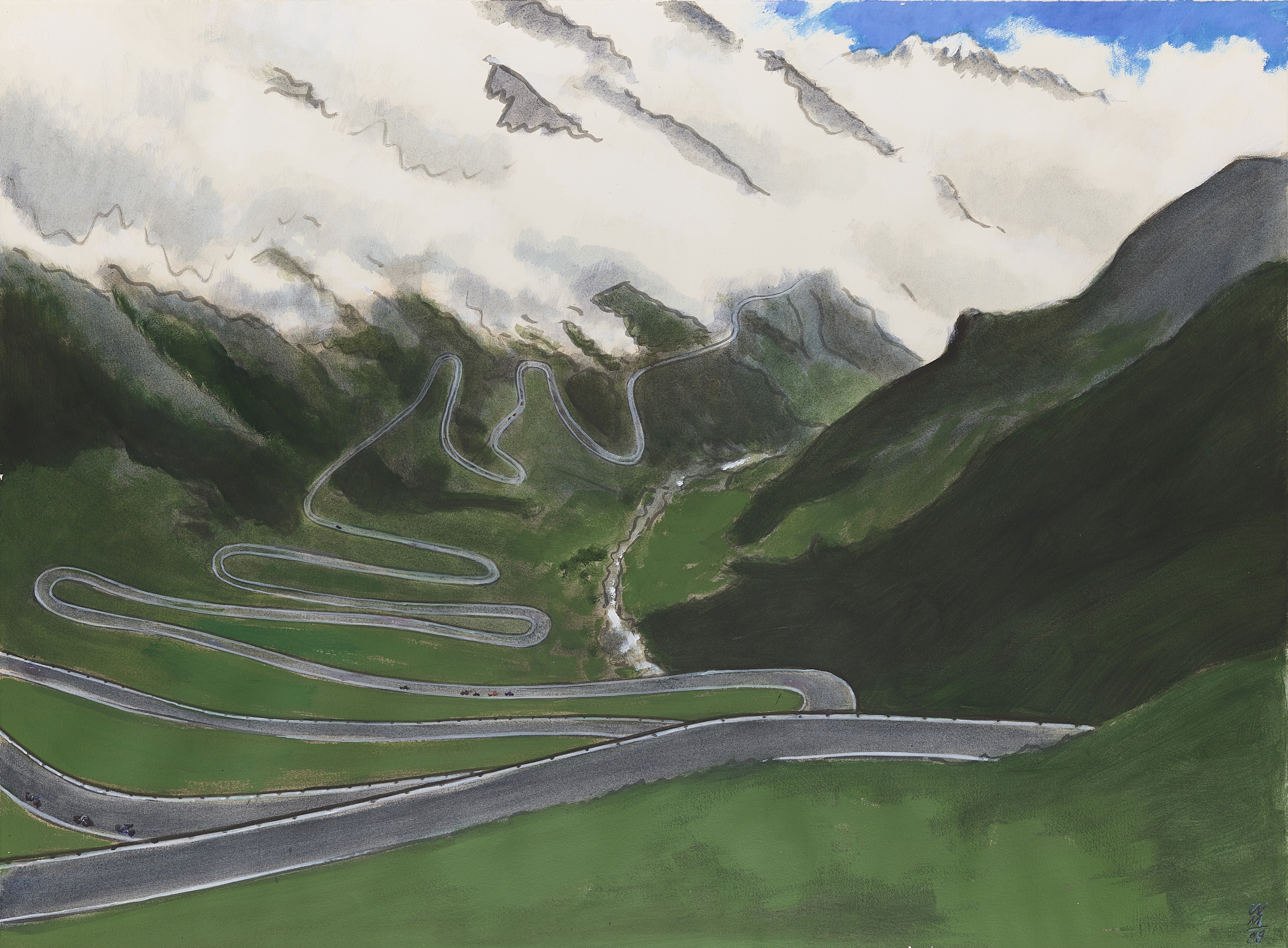 Wolfgang Mattheuer
Passstraße nach Südtirol, 1999
Gouache, Aquarell
78,9 × 107,5 cm
© VG Bild-Kunst, Bonn, 2026
Foto: Galerie Schwind, Leipzig